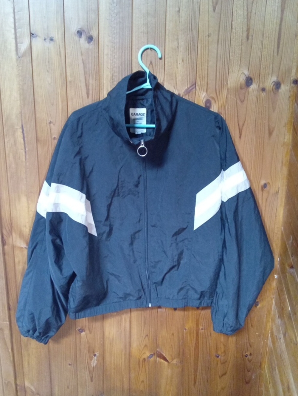 Garage Windbreaker Black Jacket with White Sleeve Stripes